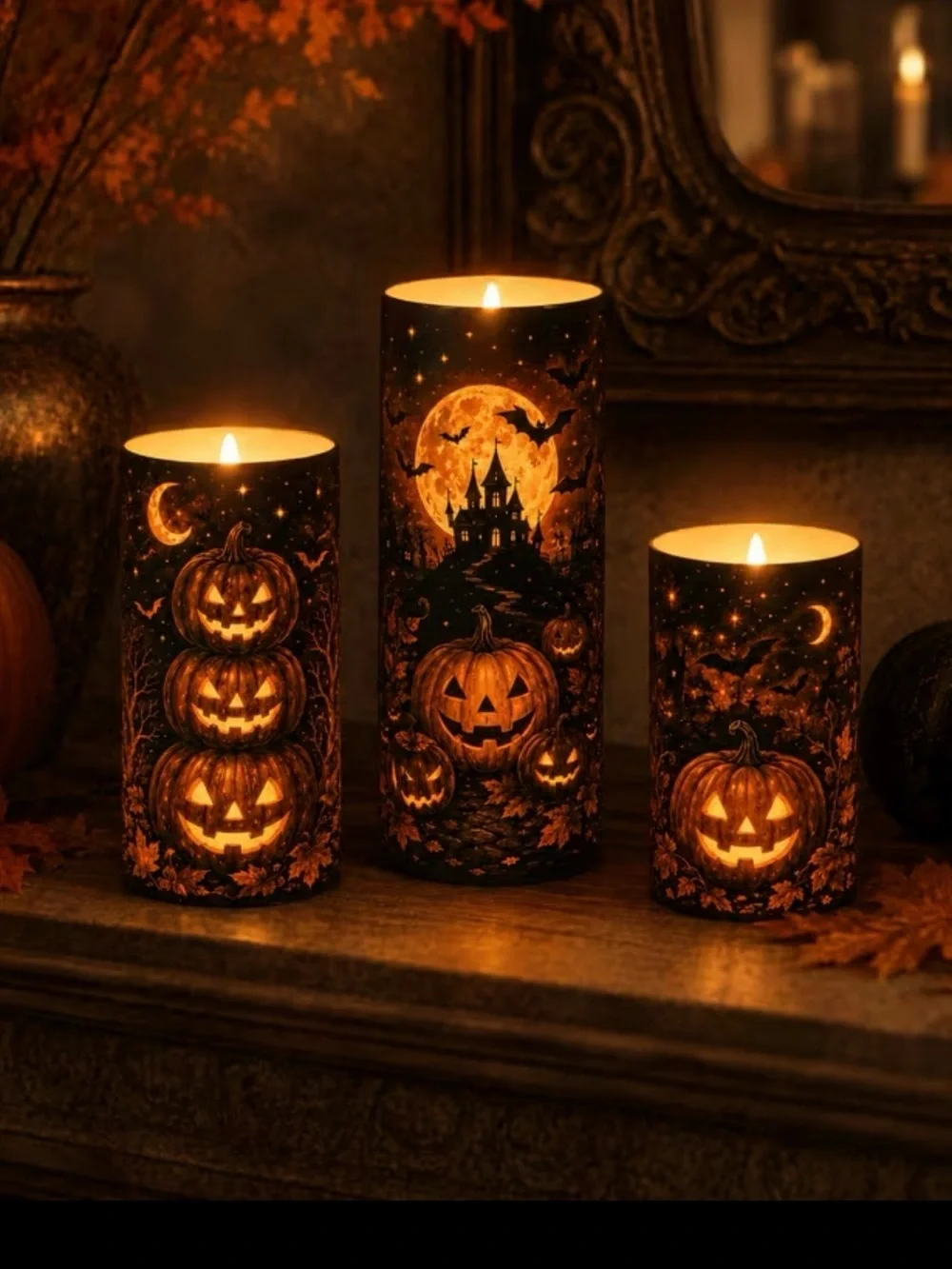 New Halloween LED Pillar Candle Set - Orange Pumpkin Design